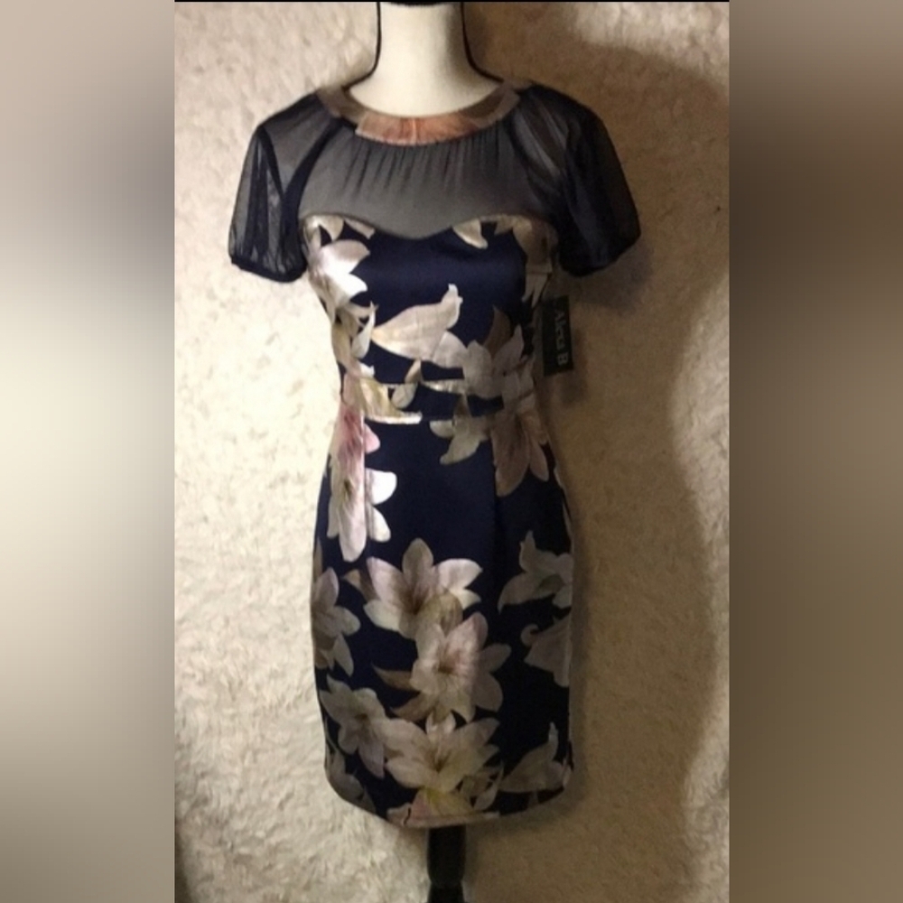 Alex B Nites Chiffon Navy Floral Print Midi Dress  Size 6
